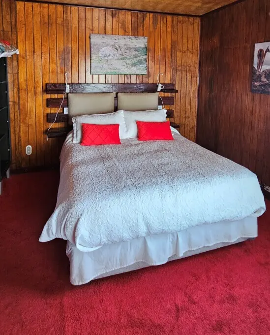 Habitación con cama queen y alfombra